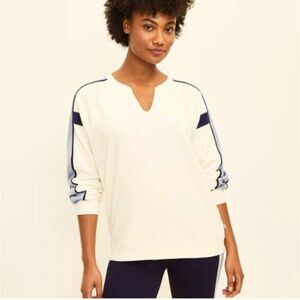 Lou & Grey cream loose fit pullover with blue stripes, Size Small